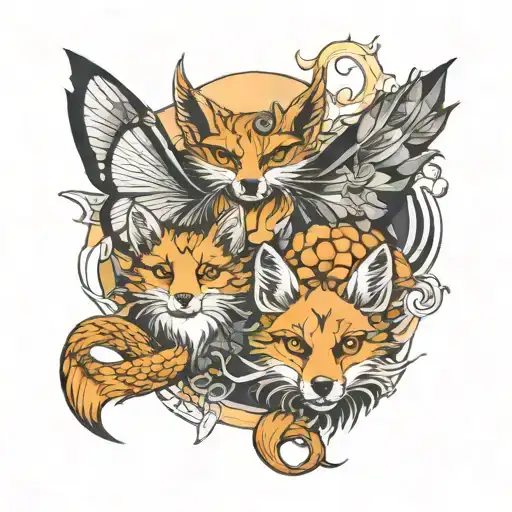 moth and fox and dragon with sun tattoo design idea