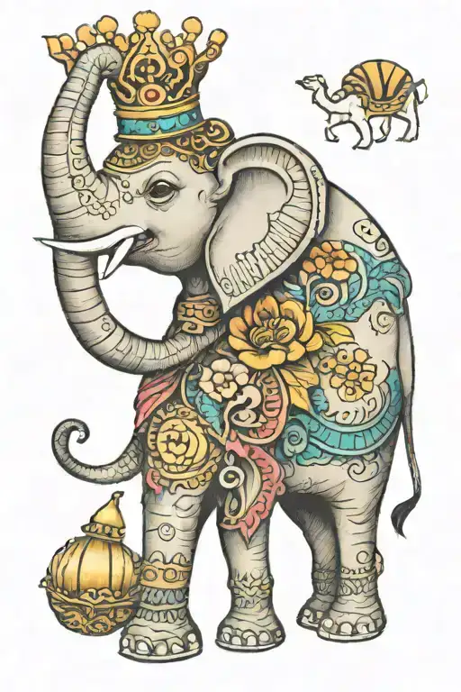 elephant with a crown and a shell friends tattoo design idea