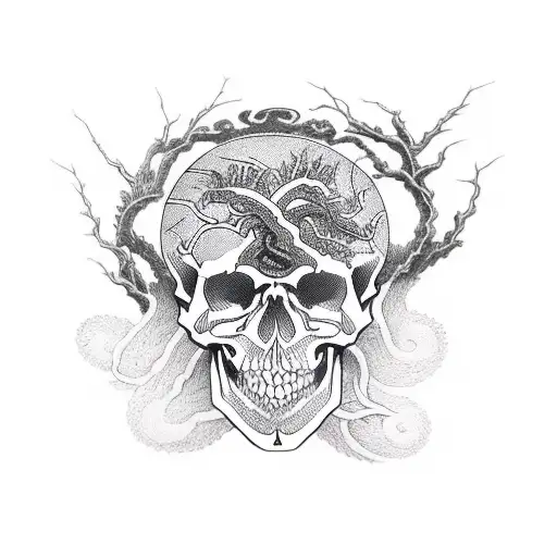 ouroboros with tree with skull roots in the middle tattoo design idea