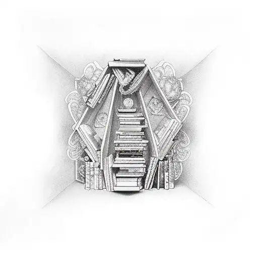 An intricate bookshelf filled with books by black women authors tattoo design idea
