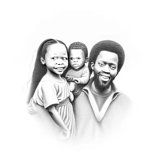 A black and grey portrait of a famous Christian musician with a family embracing in the background tattoo design idea