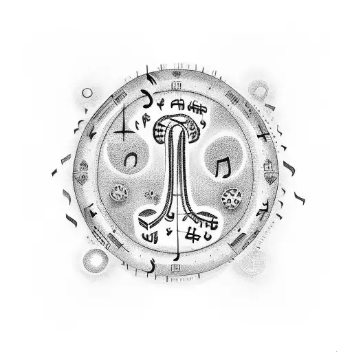 A music note made up of accounting symbols surrounded by a family tree tattoo design idea