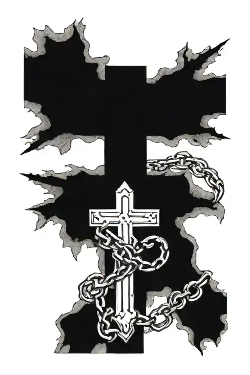 cross with 3 chains, two broken and one firm tattoo design idea