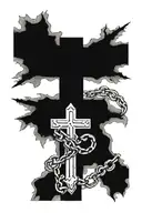 cross with 3 chains, two broken and one firm tattoo design idea