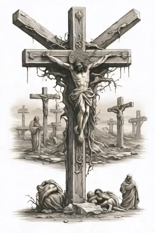 crucifixion site with 3 crosses tattoo design idea