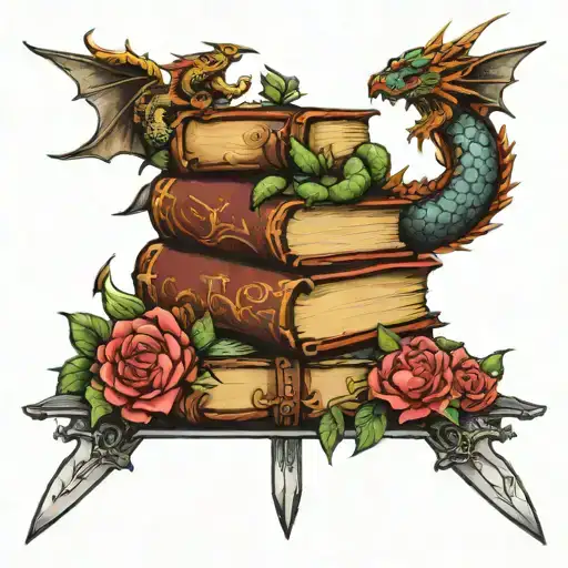 book stack with flowers, dragons, and swords tattoo design idea