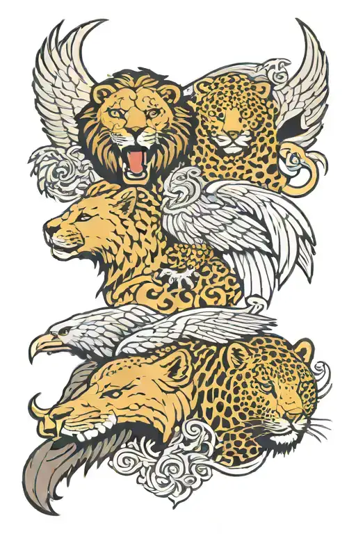 "Four beasts from the sea: Lion with eagle wings (Babylon), Bear with 3 tusks (Persia), Leopard with 4 wings and heads ( tattoo design idea