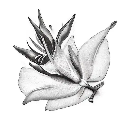 arm sleeve with bird-of-paradise flower and cardinal tattoo design idea