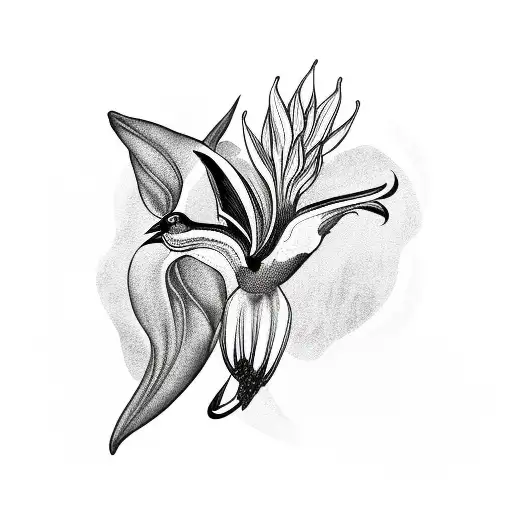 arm sleeve with bird-of-paradise flower and cardinal tattoo design idea