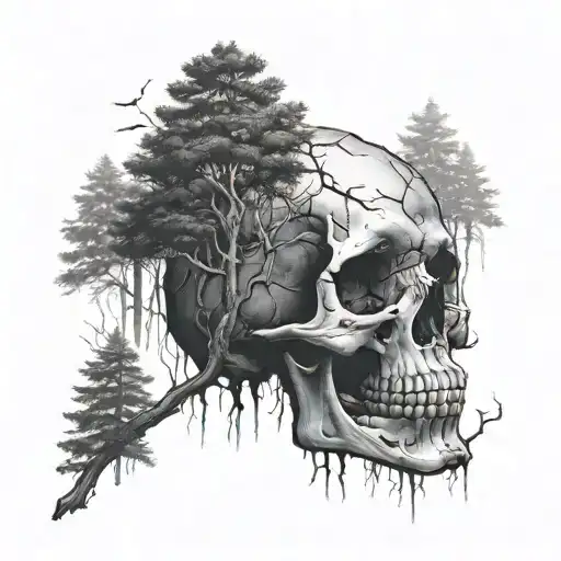 skull fading into woods tattoo design idea