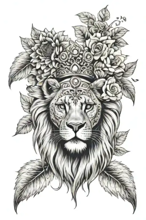 sugar skull lion surrounded by flowers a sunflower crown. angel wing at top left  tattoo design idea