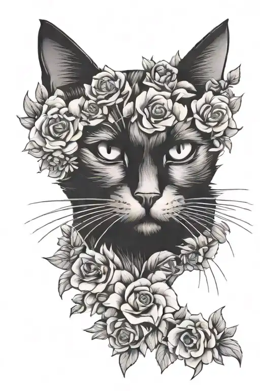 black cat head in flowers tattoo design idea