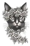 black cat head in flowers tattoo design idea