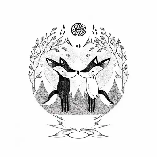 two foxes with tree of life between them. Scandinavian runes tattoo design idea