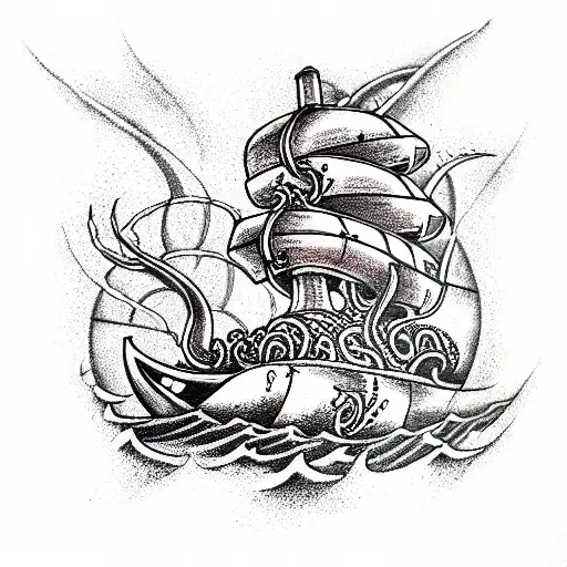 The Kraken destroying the ship tattoo design idea