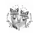 two foxes with tree of life between them. Scandinavian runes tattoo design idea