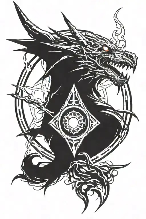 dragon helm of dor lomin, geass in one eye, sharingan in the other, gandalf, guilty crown symbol, fire tattoo design idea