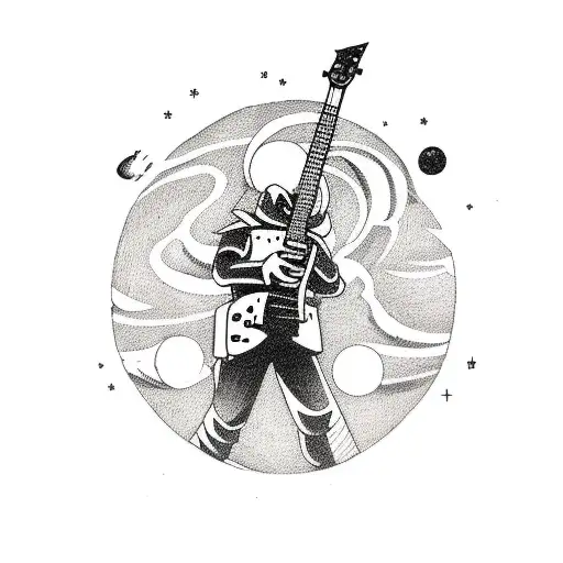 A tattoo of a retro video game character playing a guitar in space tattoo design idea