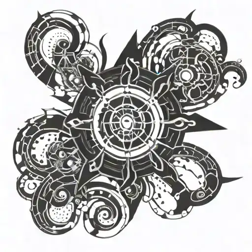 A nuclear accelerator symbol intertwined with swirling ion particles tattoo design idea