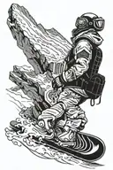 engineer on nuclear accelerator, in freestyle on snowboard, that's all in travelling with bag pack in mountains. tattoo design idea