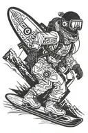 engineer on nuclear accelerator, in freestyle on snowboard, that's all in travelling with bag pack in mountains. tattoo design idea