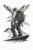 engineer on nuclear accelerator, freeride and freestyle on snowboard, travelling with bag pack on mountains. tattoo design idea