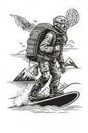 engineer on nuclear accelerator, freeride and freestyle on snowboard, travelling with bag pack on mountains. tattoo design idea