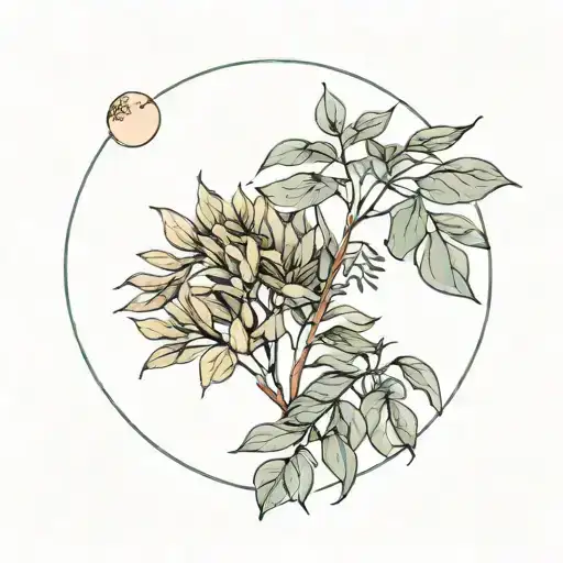 eucalyptus leaves with small half moon and half palm tree. fine line and minimal tattoo design idea