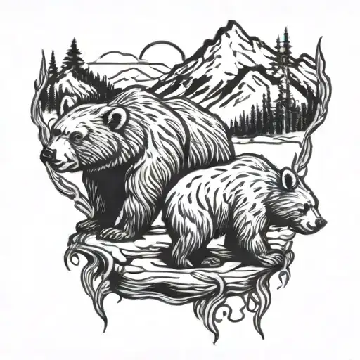 full sleeve, black bear, whiskey glass, cigar, mountains, celtic, viking tattoo design idea