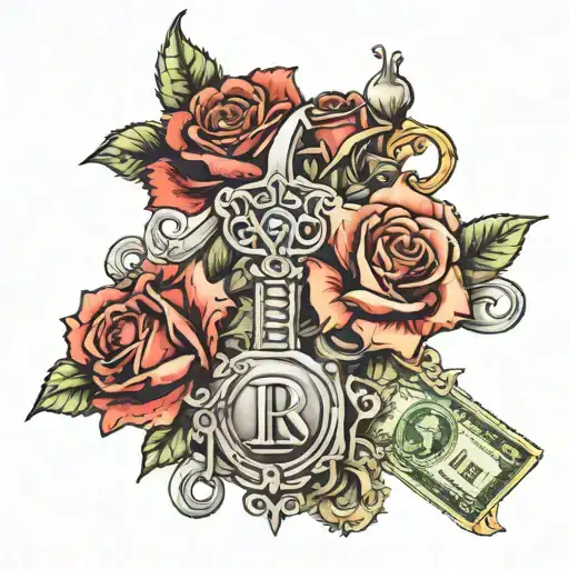 money ,key and roses intertwined tattoo design idea