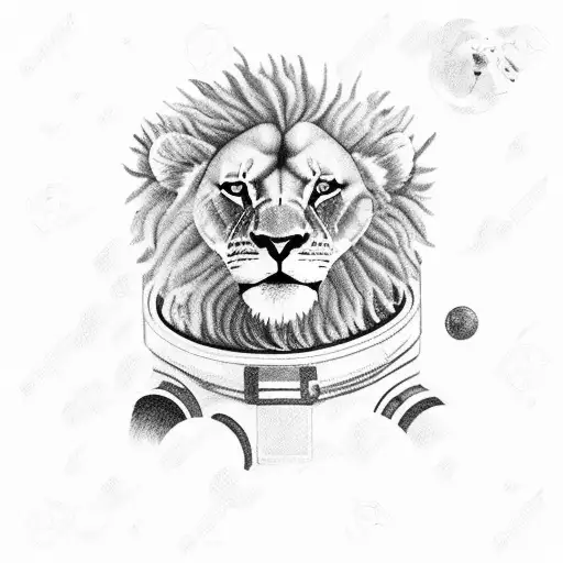 An astronaut holding a lion's tail as they both float in space tattoo design idea
