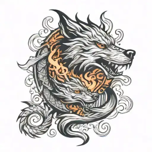 wolf and dragon breathing fire tattoo design idea