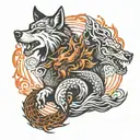 wolf and dragon breathing fire tattoo design idea