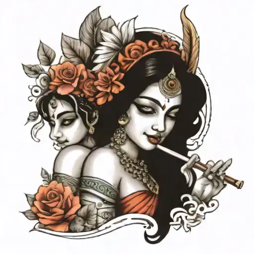 two names Simonika and Krishna playing flute tattoo design idea