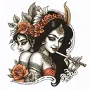 two names Simonika and Krishna playing flute tattoo design idea