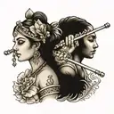 two names Simonika and Krishna playing flute tattoo design idea
