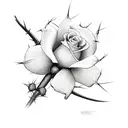 Four roses, one red other three in black and white, with thorns and on the end of one of the thorns a drop of blood. It  tattoo design idea