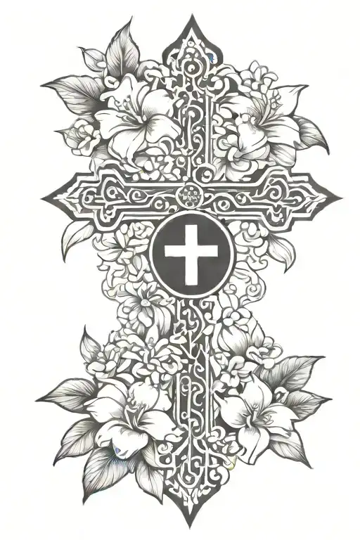 cross with cherubs and plumeria flowers growing tattoo design idea