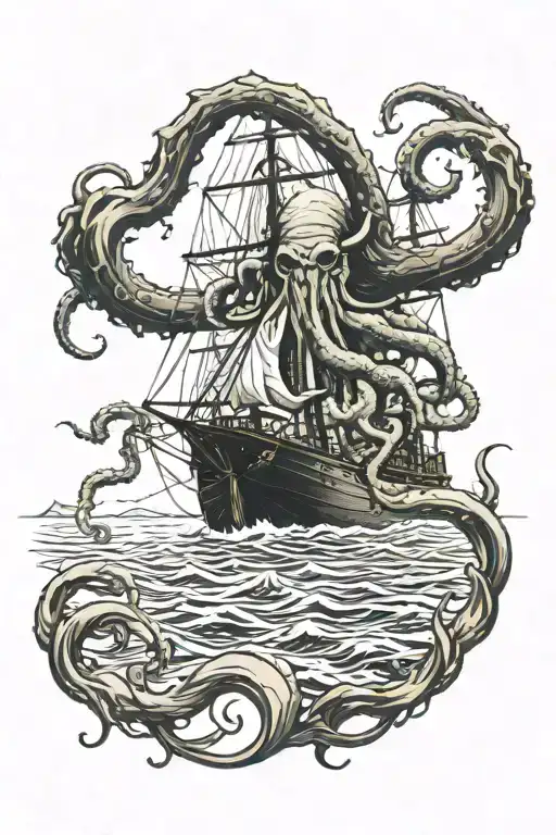 Cthulhu wraps his tentacles around a ship at sea, and sailors scream and try not to drown around him tattoo design idea