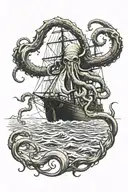 Cthulhu wraps his tentacles around a ship at sea, and sailors scream and try not to drown around him tattoo design idea