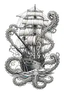 Cthulhu wraps his tentacles around a ship at sea, and sailors scream and try not to drown around him tattoo design idea