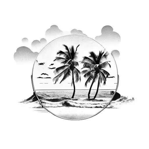 A blackwork tattoo of a beach scene with palm trees, waves, and a basketball hoop in the background tattoo design idea