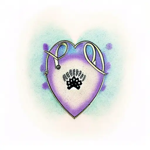 paw print above purple heart with K+M inside tattoo design idea