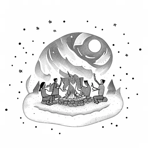 A group of friends toasting drinks around a bonfire under a starry night sky tattoo design idea