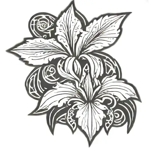 Chinese and Celtic style, bearded iris flower as the center symbol, with Celtic knot diamond shaped border tattoo design idea