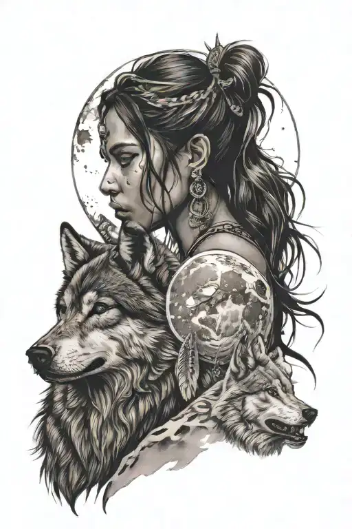 indian girl with wolf howling at the moon tattoo design idea