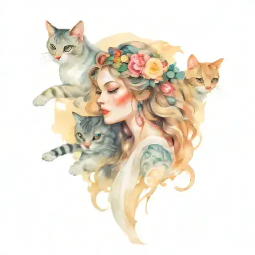 Goddess Freya with cats tattoo design idea