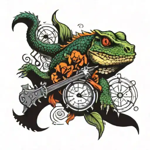instruments and reptiles arm tattoo design idea