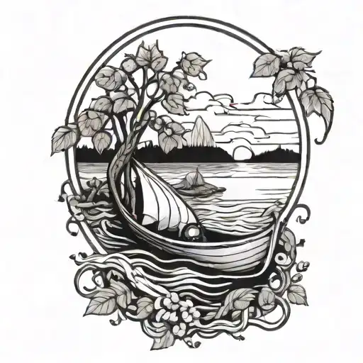 hop vines surrounding canoe and sunset tattoo design idea