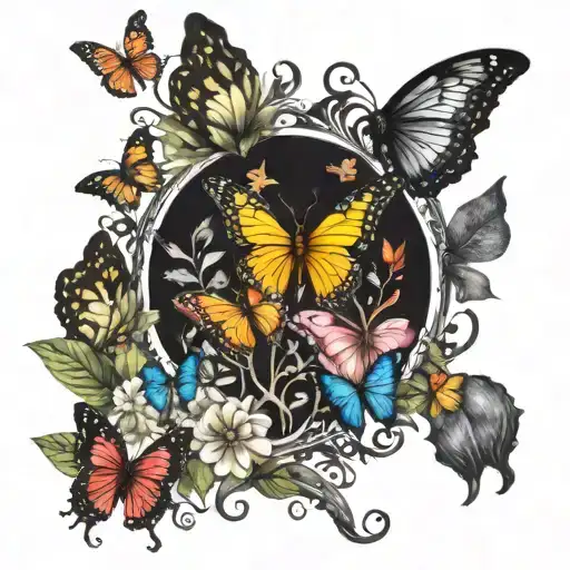 mystic fairy forest background black anf white with colorful butterflies tattoo design idea
